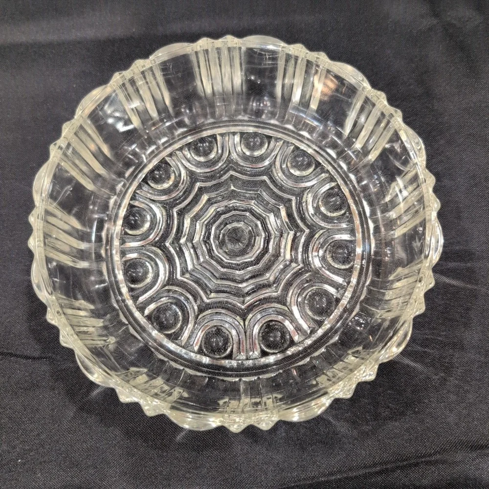 Vintage Clear Pressed Glass Ribbed Bowl Geometric Sunburst Base Candy Dish - Picture 3 of 6